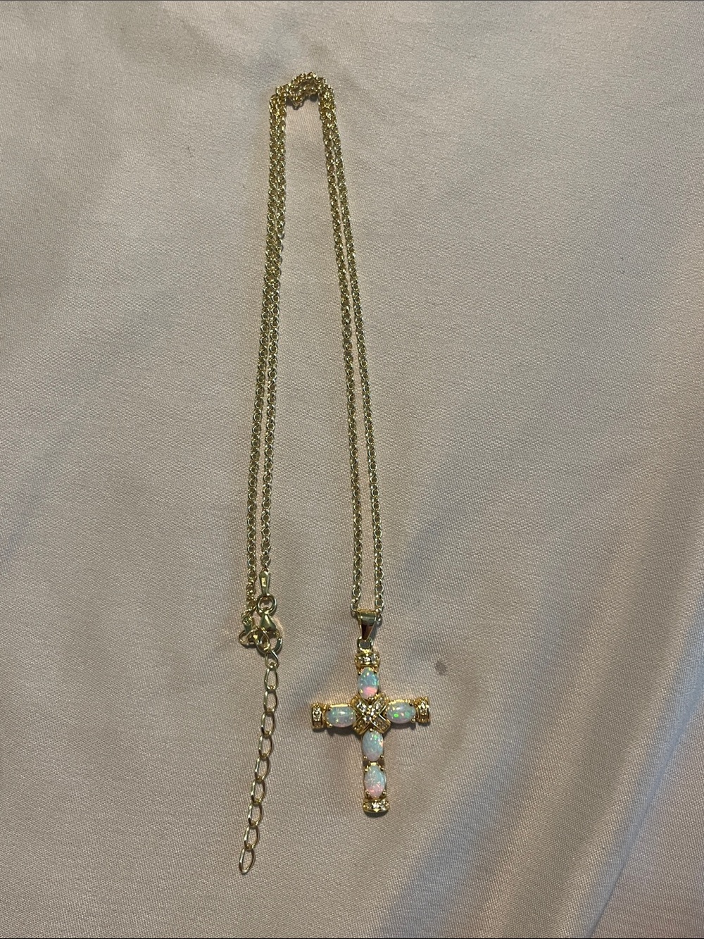 Gold Cross Pendant Necklace with White Opal Accents - Picture 4 of 4